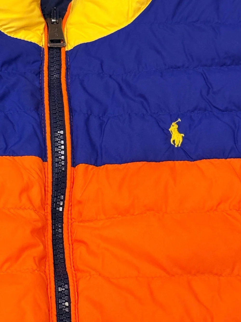 Boys Polo Ralph Lauren Reversible Puffer Jacket Navy Orange Yellow Pony Size 7